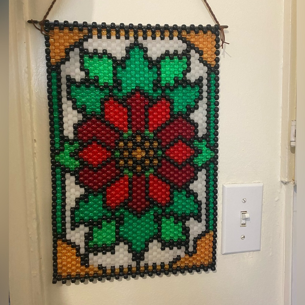 Vintage boho beaded art floral macrame hanging decor, 9.5 x 14.5”